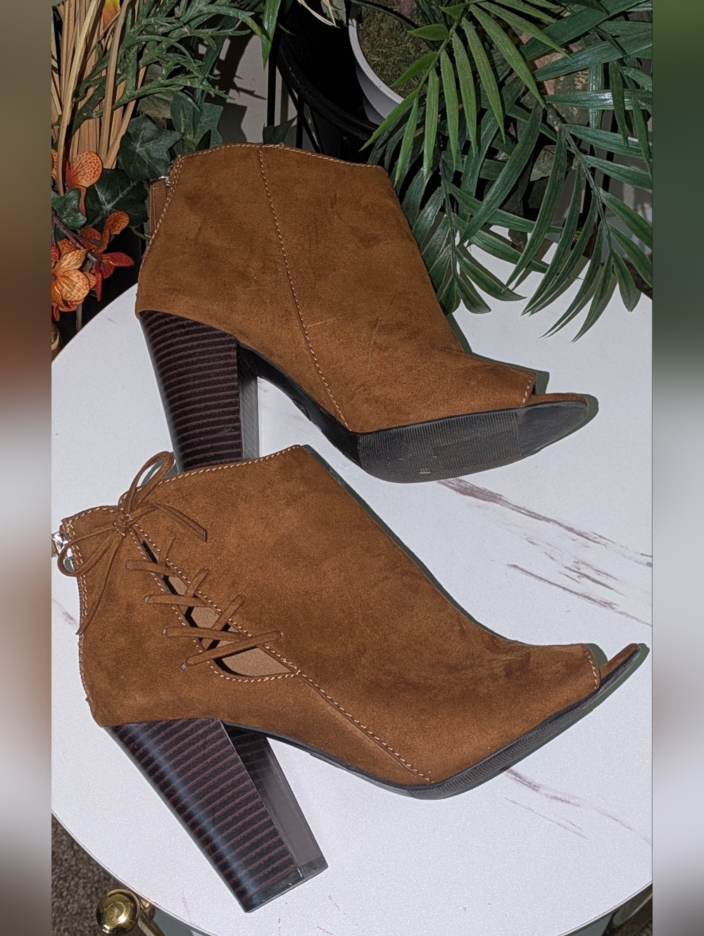 💥SALE💥a.n.a Brown Suede Peep-Toe Lace-Up Block Heel Booties